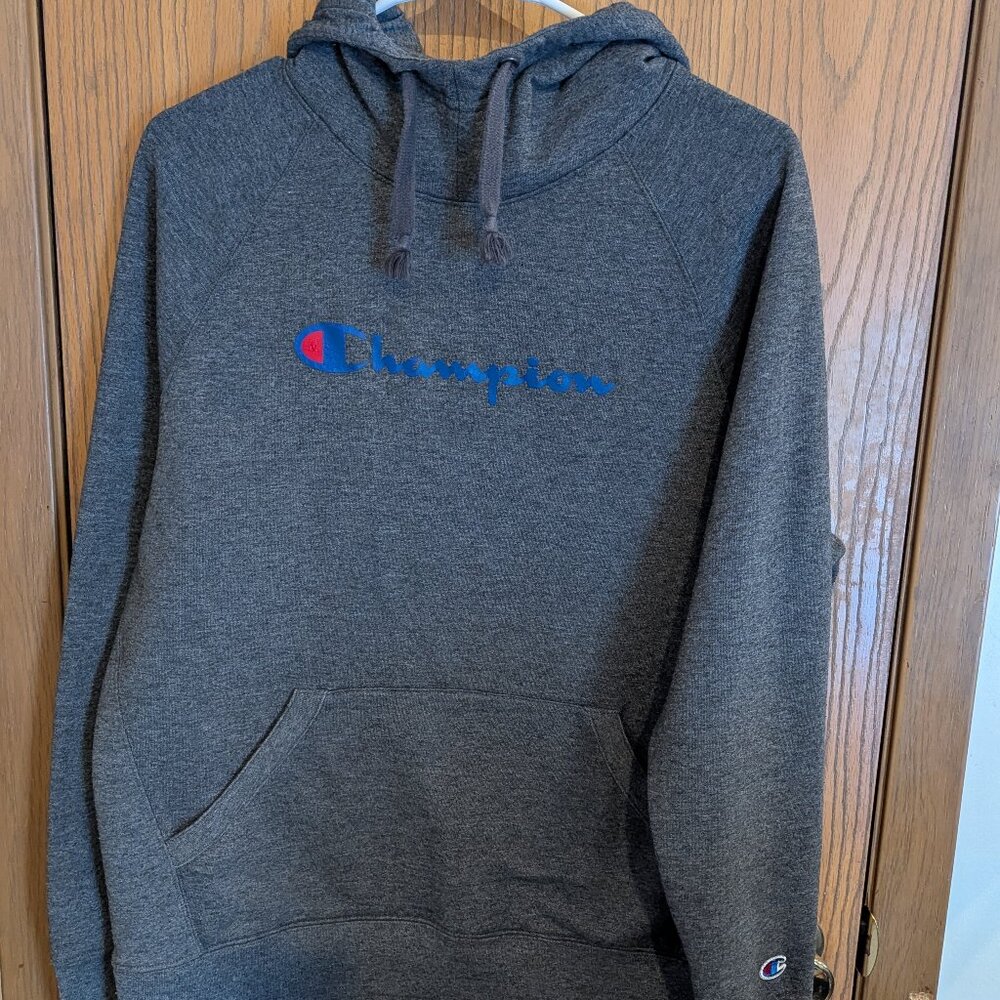 Champion Logo Hooded Sweatshirt Gray Blue Women's Large Hoodie